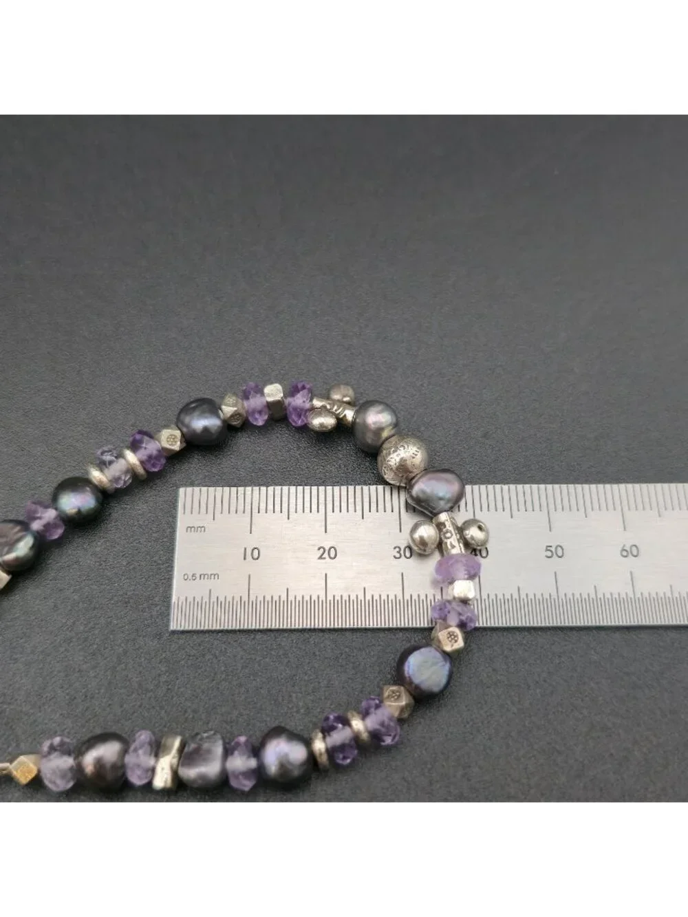 7.5 Inch Sterling Silver Black Pearl Amethyst Bead Rope Toggle Bracelet A8160